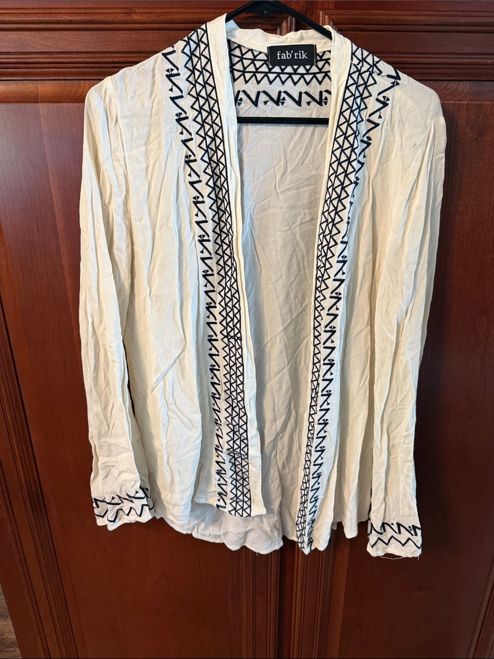 fab'rik Cream Open-Front Tunic with Black Geometric Trim
